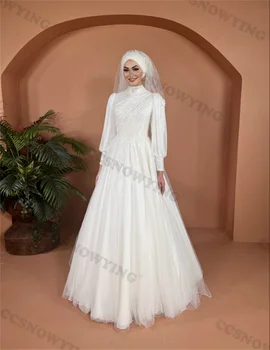 Тюлевые аппликации, мусульманское Свадебное платье для невесты, Дубай, Арабское Свадебное платье с длинным рукавом и высоким воротом, Хиджаб, Халат для свадьбы.