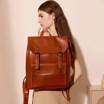 Женский компьютерный рюкзак из натуральной кожи на плечо 14 дюймов Большой емкости Британская ретро модель Роскошная дизайнерская сумка 2024
