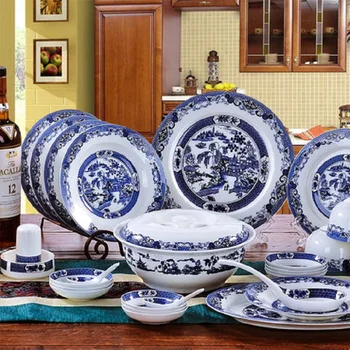 Керамическая посуда Guci Цзиндэчжэнь, посуда из костяного фарфора с 56 головками, посуда сине-белого цвета, покрытая глазурью, костюм для посуды