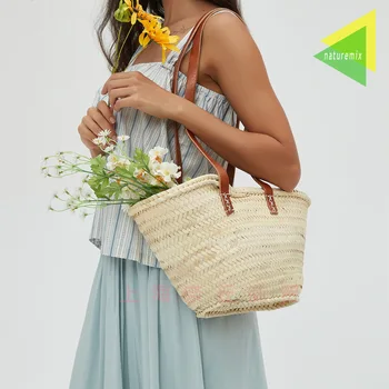 Плечевой ремень из натуральной травяной кожи, тканая сумка для овощей большой емкости для пикника, французская корзина для покупок для женщин на пляже