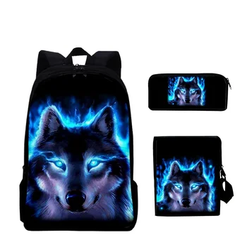 Волк Животное 3D печать 3 шт./компл. Школьные сумки для учеников, рюкзак для ноутбука, Модный Повседневный рюкзак, Наклонная сумка через плечо, пенал