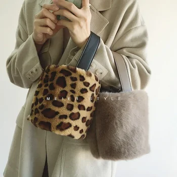 Сумка-ведро с леопардовым узором, плюшевые сумки для женщин, зимняя сумка через плечо из искусственного меха, женские повседневные меховые сумки через плечо