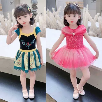Летнее танцевальное платье для девочек с принтом в виде сплайсинга, сетчатое платье принцессы для косплея, хлопковый костюм для выступлений 3-8 лет