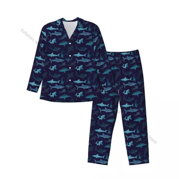 Мужские пижамные комплекты с рисунком забавных акул, пижамы с длинным рукавом, мужская домашняя одежда