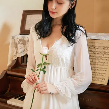 Белая женская ночная рубашка, кружевная длинная ночная рубашка, винтажная женская летняя ночная рубашка с кружевным рукавом, модное платье для сна Fairy