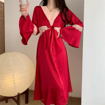 Бордовый свадебный халат Невесты Длинная ночная рубашка Сексуальная Лоскутная кружевная ночная рубашка Пижамы Весна Лето Повседневное Домашнее платье из вискозы