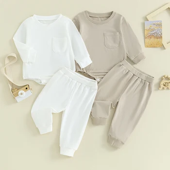 0-24 месяца, комбинезон для маленьких мальчиков, белый комбинезон с карманами цвета хаки + длинные штаны, весенне-осенний комплект одежды для маленьких мальчиков