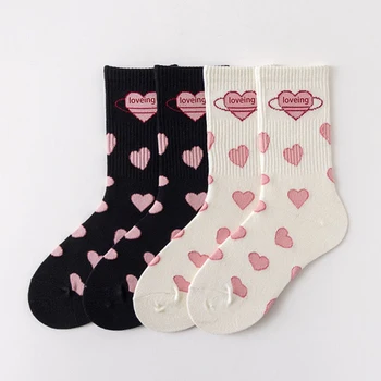 Женские розовые носки Love Heart, черные, белые, средней длины, милые, милые студенческие носки для девочек JK Lolita, женские простые модные носки