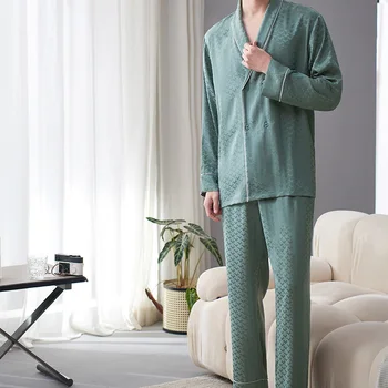 2 повседневных двубортных комплекта топа и брюк с V-образным вырезом и длинными рукавами, модная и удобная мужская пижама