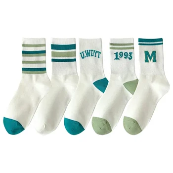 Носки средней длины, женские носки в зеленую полоску, дышащие хлопчатобумажные носки, спортивные длинные носки