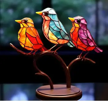 Витражные птицы на ветке, настольные украшения, двухсторонние красочные птицы, серия животных, железные художественные поделки, украшения для дома