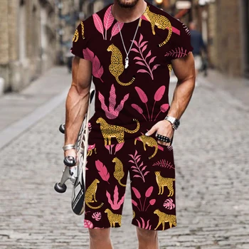 Новый летний мужской модный комплект с животными африканской Саванны и леопардом, повседневный костюм, футболка с короткими рукавами + шорты, пляжная одежда из 2 предметов