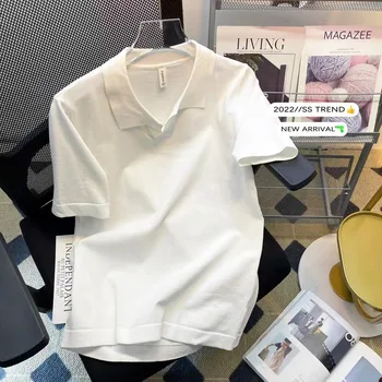Модные Летние Мужские рубашки поло Ice Silk с коротким рукавом, деловая мода, отложной воротник, приталенная повседневная трикотажная футболка Homme