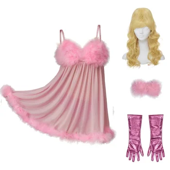 Костюм для косплея Austin Powers Fembot Юбка на подтяжках Перчатки Трусики Розовое Сексуальное Мини-платье Женское Платье на подтяжках с перьями парик
