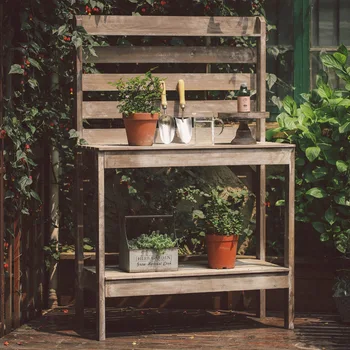 Садовая консоль Clover в стиле ретро, старый садовый стол из массива дерева, хранение и демонстрация садовых инструментов.