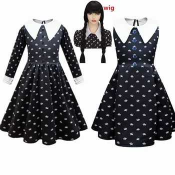 Хэллоуин Детский костюм для косплея Woman Girl Addams Платье для косплея, парик, сумка, наряды, винтажная Черная одежда с готическим принтом