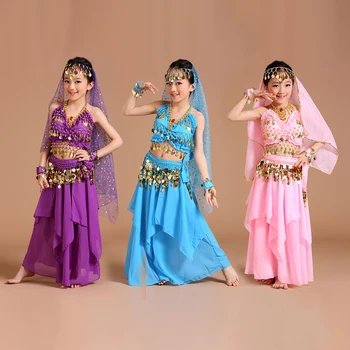 Набор из 5 предметов, костюмы для танца живота, индийское платье ручной работы, детские костюмы для танца живота для девочек, ткань для выступлений в Болливуде