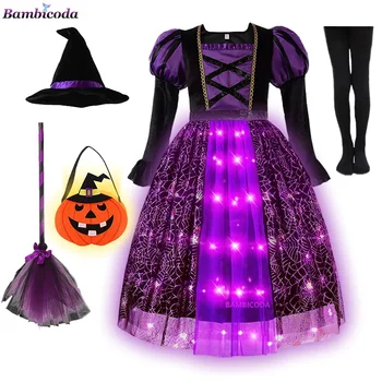 Блестящие костюмы ведьмы на Хэллоуин для девочек, фиолетовое длинное платье со светодиодной подсветкой для детей, карнавальный костюм для косплея со шляпой-метлой