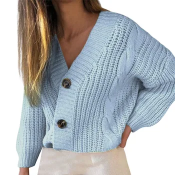 Осенне-зимние Синие свитера, Повседневный свитер с V-образным вырезом на одной пуговице, женский Однобортный вязаный кардиган с длинным рукавом