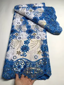 Великолепная африканская кружевная ткань оптом 2023, новейшая синяя белая индийская ткань сари, высококачественная тюлевая ткань с блестками, свадебная YYZ98