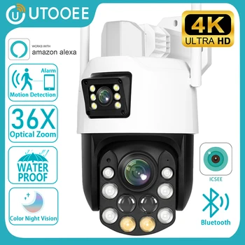 UTOOEE 4K 8MP Двухобъективная PTZ WIFI Камера С Двойным Экраном и 36-кратным Оптическим Зумом Наружная Система Видеонаблюдения IP-Камера Alexa iCSee