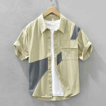 Летняя Контрастная мужская повседневная рубашка с короткими рукавами в стиле пэчворк, уличная одежда, свободные рубашки в стиле уличной работы из чистого хлопка, топы