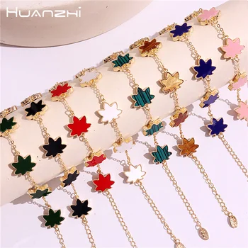 Цветные металлические браслеты HUANZHI с кленовым листом, цепочка для женщин и девочек, Элегантная модная вечеринка, Роскошные Регулируемые ювелирные изделия, Подарки