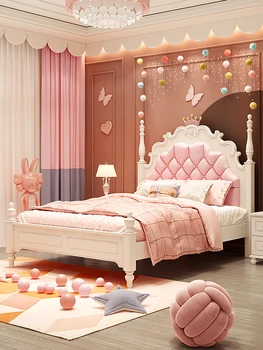 Детская кровать Princess bed Girl спальня 1,5 м современный минимализм розовая сетка из цельного дерева красная корона односпальная кровать для девочки