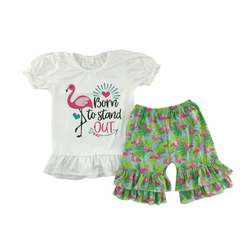 модный комплект одежды для маленьких девочек с оборками с принтом птиц, зеленые брюки, детский наряд