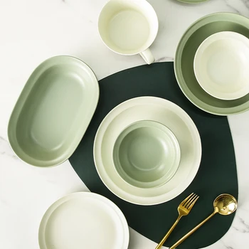 Керамические миски и тарелки в скандинавском стиле, миска для фруктового салата в корейском стиле, легкие роскошные праздничные тарелки, матово-зеленые миски для супа
