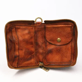 Кошелек из натуральной кожи для женщин и мужчин, винтажный короткий мужской кошелек ручной работы на двойной молнии, держатель для кредитных карт с карманом для монет