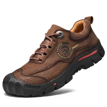 Коричневые мужские кожаные треккинговые ботинки 47 размера, водонепроницаемые кроссовки на плоской подошве, удобная спортивная обувь для прогулок в горах, 2022 г.