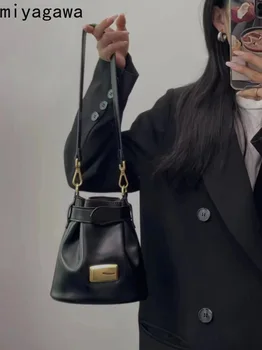 Черная текстурированная сумка-ведро Miyagawa, модная сумка для поездок на работу подмышками, ретро-повседневная портативная сумка через плечо, маленькие сумки через плечо