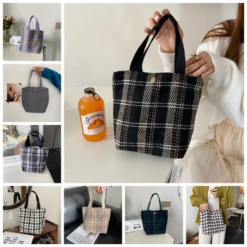 2021 Новые женские сумки, простая шерстяная рабочая сумка для ланча, клетчатая застежка для девочек, повседневные сумки-тоут, Многоразовый тканевый мешочек для покупок