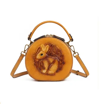 Женская мода 2023 года, круглая сумка из натуральной кожи с тиснением в виде кролика, винтажная сумка через плечо, сумка через плечо с верхней ручкой