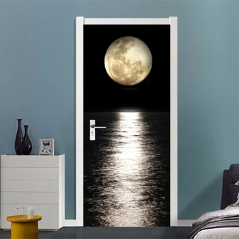 Наклейка на дверь ПВХ 3D Ночная Луна Вид На Уровень моря Украшение Двери Гостиная Столовая Виниловые Дверные Фрески Обои 3D Дверной Плакат